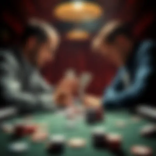 Two players intensively facing off at a poker table, revealing their cards after a dramatic hand. Chips scattered around them, showing tension in the air.