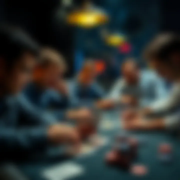 A group of players at a poker table intensely focused on their cards, with chips and bounty envelopes visible, capturing the thrill of a mystery bounty tournament.