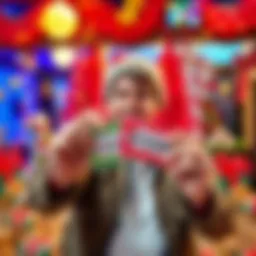 A person celebrating a win, holding tickets and showing two active codes: leprecash and everyonewinning, with a background of festive decorations and cash symbols