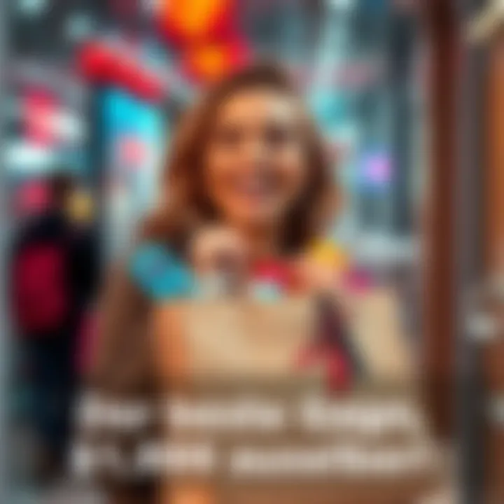 Exciting Purchase Opportunity A person holding a shopping bag filled with luxury items, smiling and looking excited about their purchase.