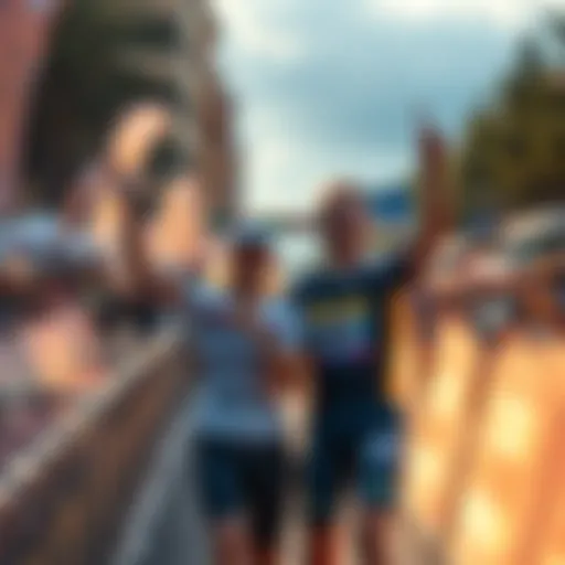 A couple cheering at the finish line of a thrilling race, with friends celebrating around them.