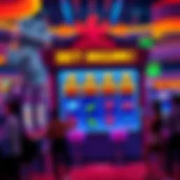 A vibrant slot machine with colorful symbols and players enjoying the game at Bet MGM