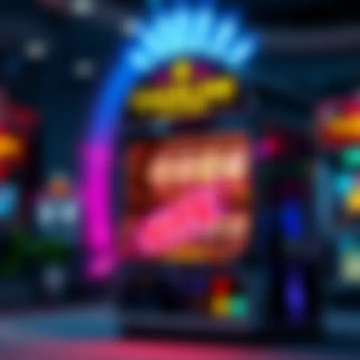 A colorful slot machine with spinning reels and bright lights, attracting players with its thrilling design.