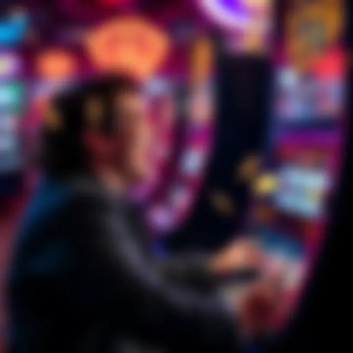 A person excitedly playing a slot machine with colorful lights and coins flying around, showcasing enthusiasm for the game.