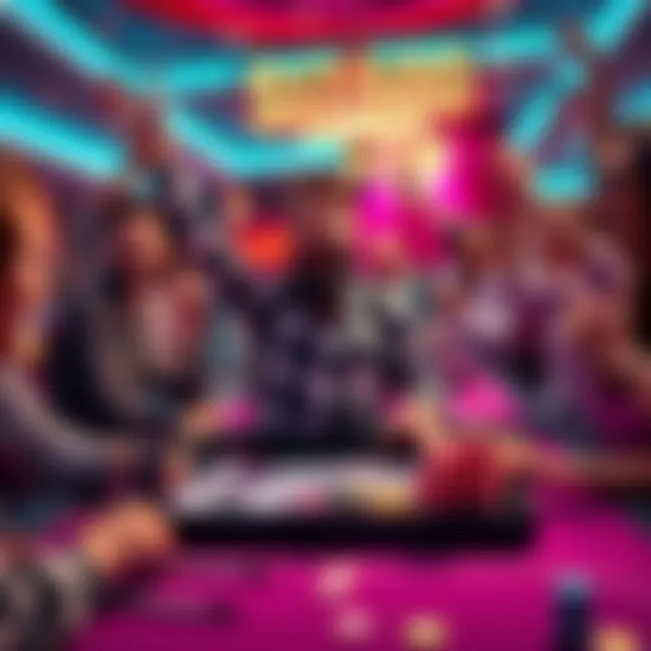 A player celebrating a big win at a lively table game, surrounded by cheering friends and colorful gaming chips.