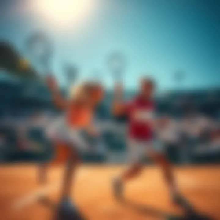 Tennis players competing energetically on the court during a live match