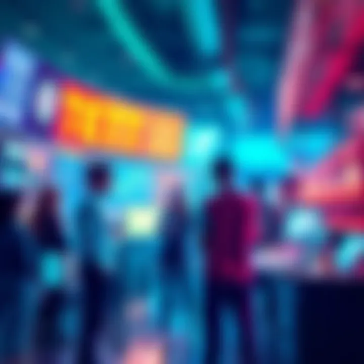 A dynamic scene showcasing betting opportunities with technology and trends in the background, people engaged in discussions.