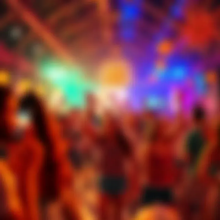 A vibrant scene with people engaged in various activities celebrating a joyful week, showcasing fun events and lively interactions.