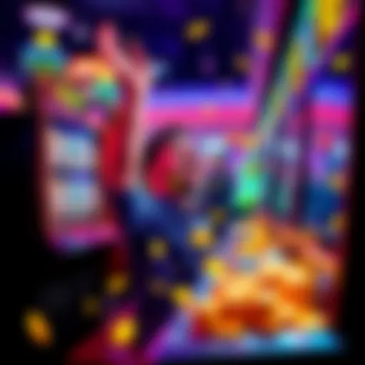 A person celebrating a big win at a slot machine in Le Blessing casino, with colorful lights and coins around.