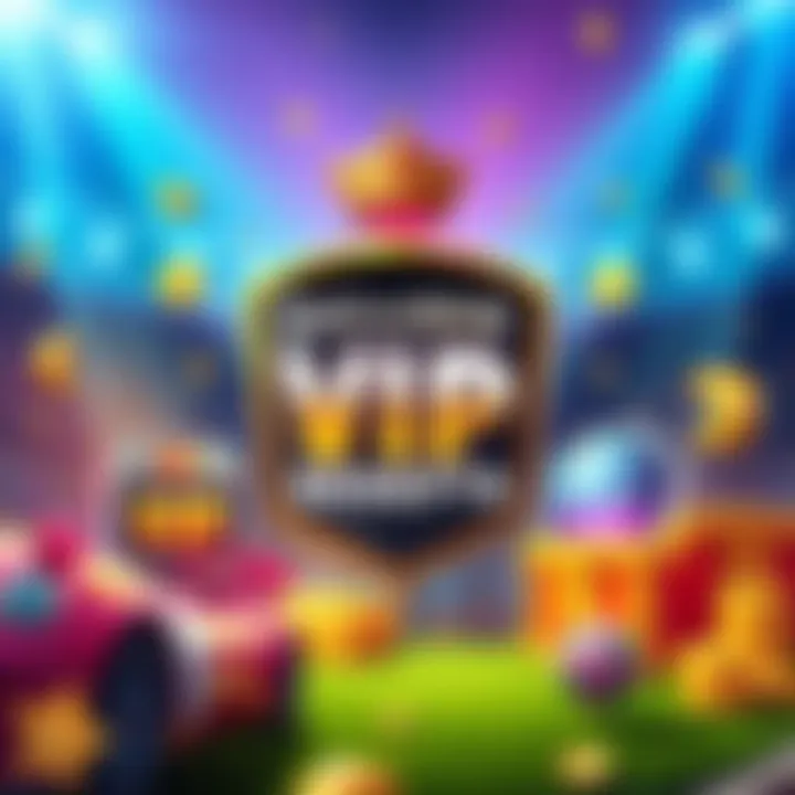 A vibrant graphic showcasing VIP rewards and bonuses for players in a game, including weekly and monthly offers, with visuals of game elements and VIP icons.