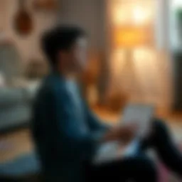 Person sitting calmly, practicing a breathing exercise to manage cravings. A notepad with questions is nearby.