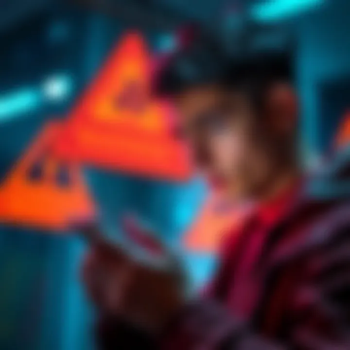 A person looking concerned while checking their cryptocurrency wallet on a smartphone, with warning signs in the background.