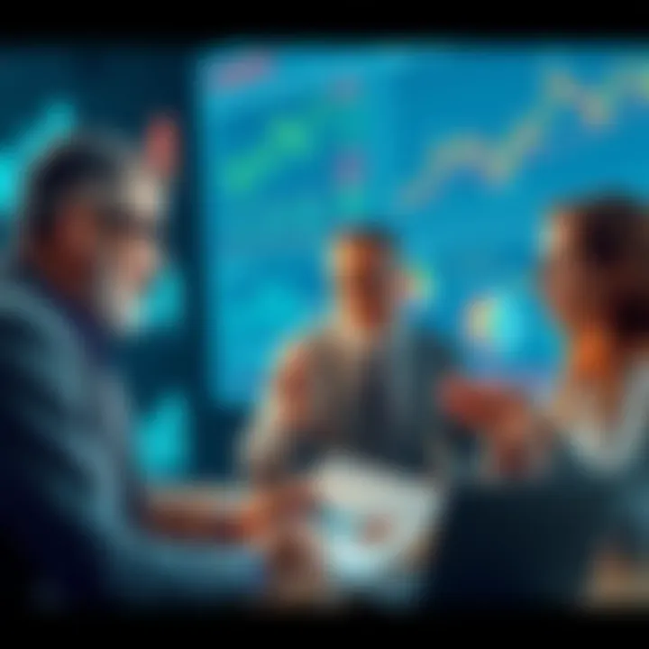 A group of experts analyzing charts and graphs related to monthly trends and forecasts
