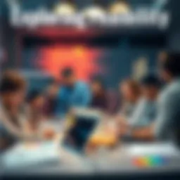 A group of diverse people brainstorming ideas around a table with notes and laptops, considering project feasibility