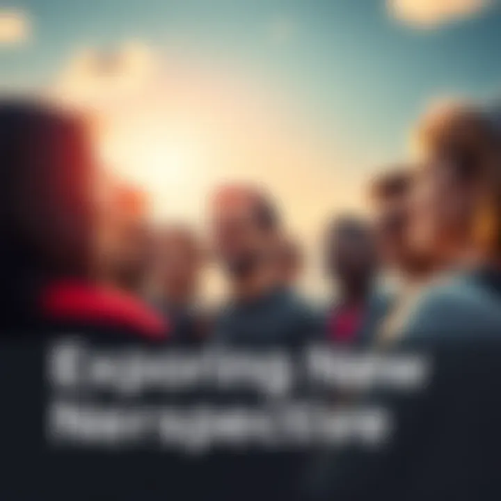 A group of diverse people discussing ideas and looking towards a bright horizon, symbolizing new possibilities for the future.