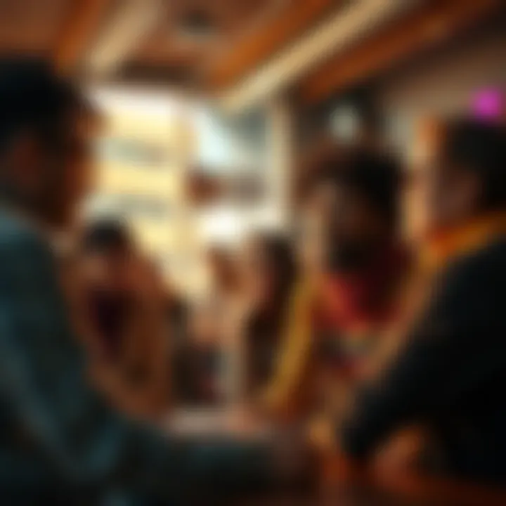 A group of diverse people discussing the meaning of the word 'There' in a community setting, highlighting its impact on social interactions.