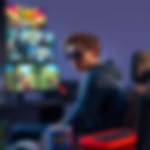 A person browsing through various video games on a digital platform, looking curious and relaxed while seated at a computer desk with a gaming setup.