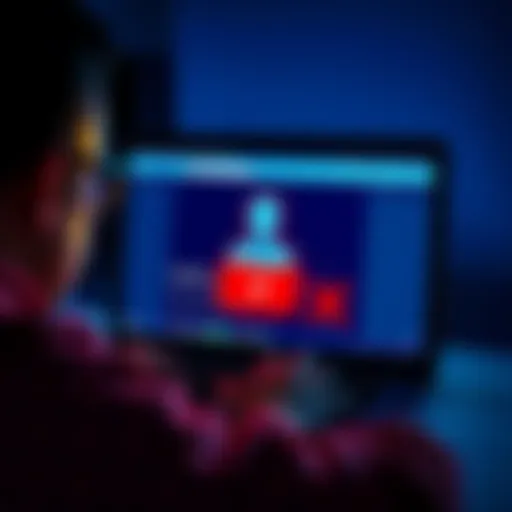 A person looking frustrated while viewing a locked Facebook account screen on a laptop