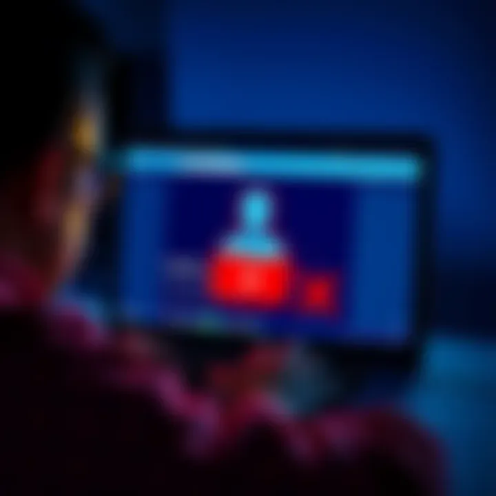 A person looking frustrated while viewing a locked Facebook account screen on a laptop