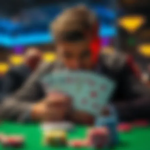 Failed Royal Flush Poker Hand A disappointed poker player staring at their cards with a bad hand, surrounded by poker chips and a green felt table.