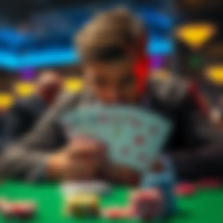 Failed Royal Flush Poker Hand A disappointed poker player staring at their cards with a bad hand, surrounded by poker chips and a green felt table.