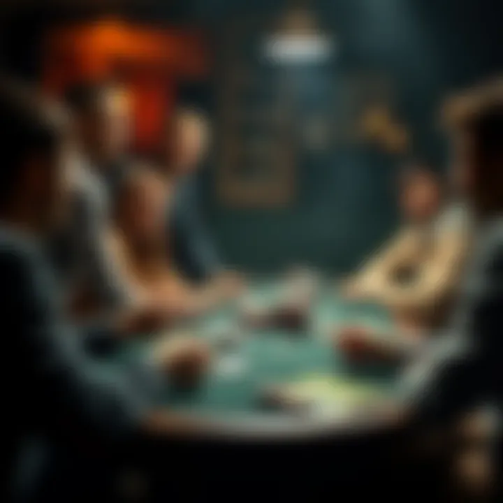 A group of friends sitting around a table playing poker, with cards and chips spread out, showing a friendly game atmosphere.