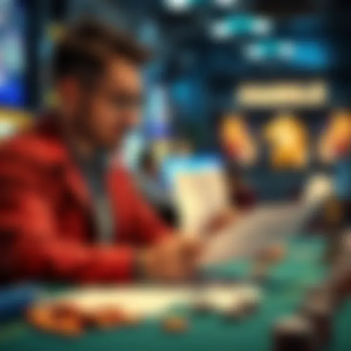 A person examining documents related to fairness in gambling, looking thoughtful at a table with gaming items.