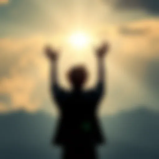A person standing in a serene setting, looking upward with hands raised in appreciation, symbolizing faith and gratitude towards God.