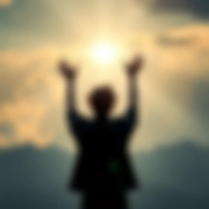 A person standing in a serene setting, looking upward with hands raised in appreciation, symbolizing faith and gratitude towards God.