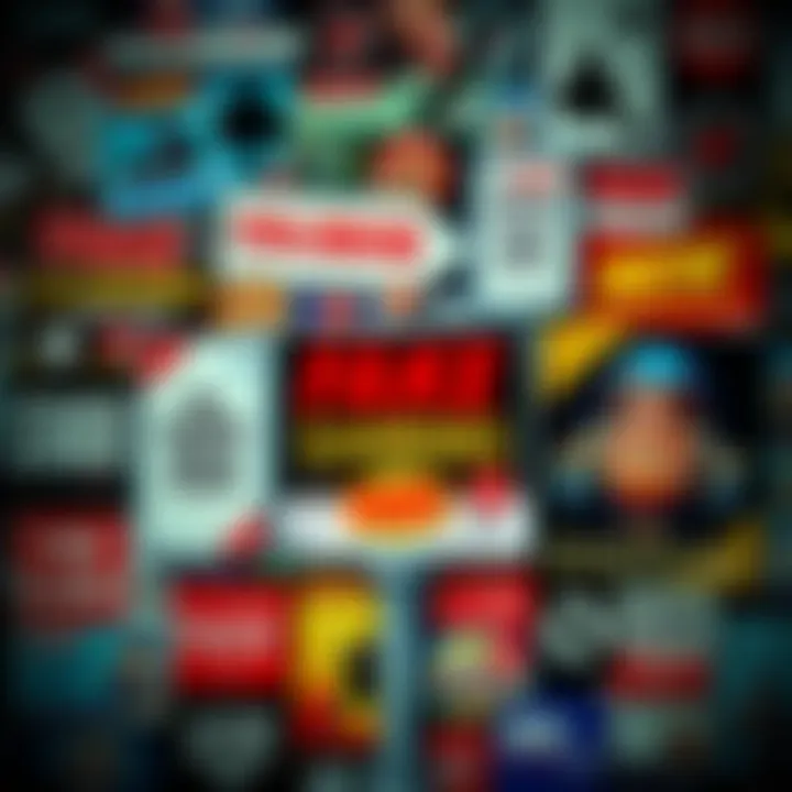 A collage of misleading gambling advertisements aimed at at-risk groups, with deceptive graphics and hidden branding elements.