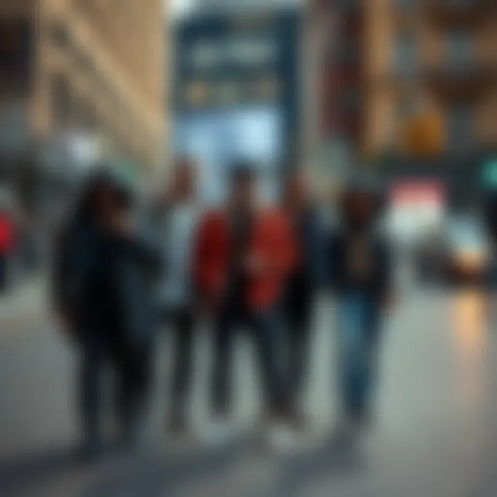 A group of men dressed in flashy clothes posing confidently on a city street, showcasing the exaggerated lifestyle of fake criminals.