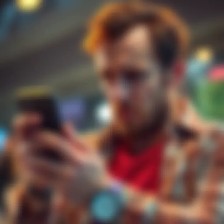 A frustrated bettor looking at his phone with a confused expression, as he realizes he placed a bet on a non-existent player.