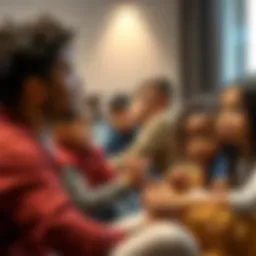 A group of diverse families sitting together, looking concerned and hopeful, holding hands in solidarity.