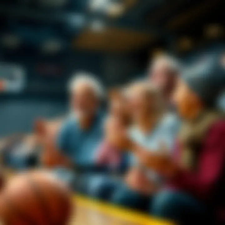 A group of family members cheering during a basketball game, sharing excitement and making bets, showcasing a fun family day.