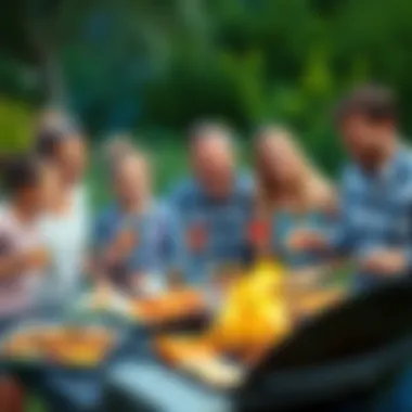 Family Barbecue Celebration A joyful family enjoying a barbecue outdoors, with delicious food on the grill and smiles all around, celebrating a surprise win of 10,000 euros.