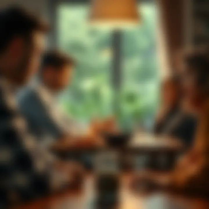 A family gathered around a table, looking worried as they discuss financial issues and honesty about money matters.