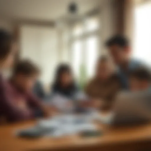 A family sitting together at a table with bills and a laptop, looking concerned about their financial situation related to gambling debts.