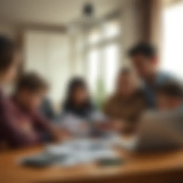 A family sitting together at a table with bills and a laptop, looking concerned about their financial situation related to gambling debts.