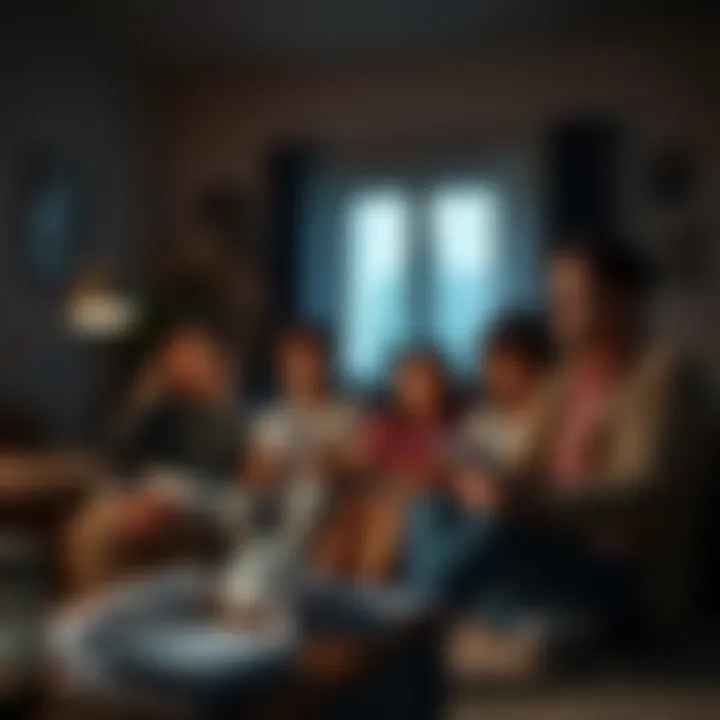 A worried family sitting in a dimly lit living room, looking at unpaid bills and worried expressions, reflecting their financial struggles due to gambling losses.