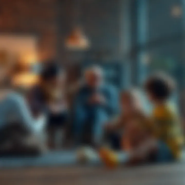 A family sitting together, discussing their relationships and challenges, with children playing nearby.