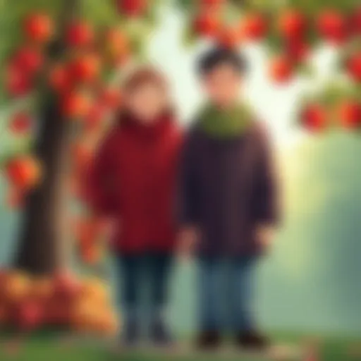 A humorous illustration showing a child mirroring the traits of their parent, standing next to a tree with apples.