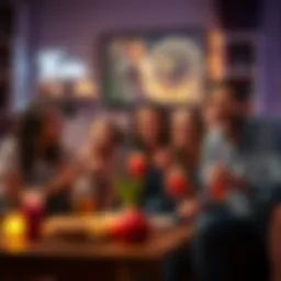 A happy family gathered in a living room, enjoying the Super Bowl with snacks and drinks, smiling and cheering together