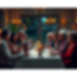 Famous People at Dinner Table A lively dinner scene with famous personalities sharing stories around a table.