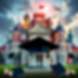 A collage featuring various iconic school buildings attended by famous personalities, with diplomas and graduation caps in the foreground.