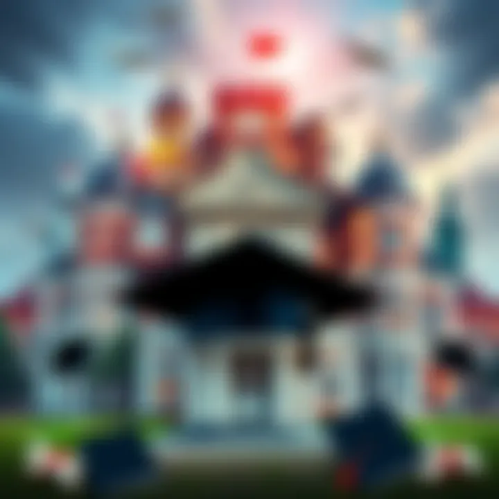 A collage featuring various iconic school buildings attended by famous personalities, with diplomas and graduation caps in the foreground.