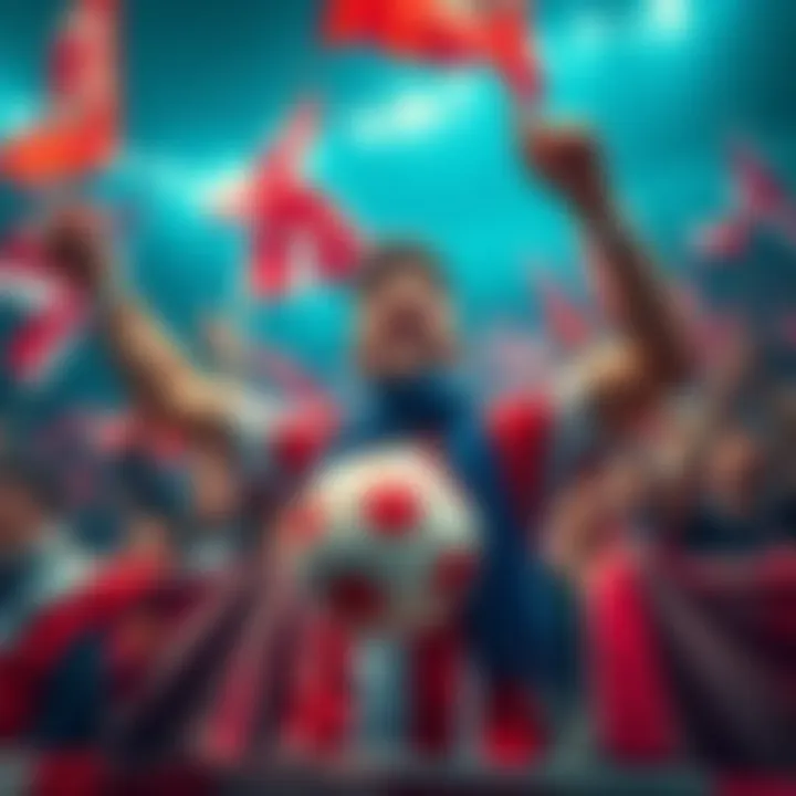 A passionate fan wearing team colors, holding a soccer ball, surrounded by banners and flags, expressing hope for a big FA Cup win