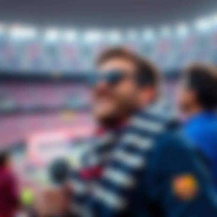 A football fan in Barcelona, feeling excited about attending a live Barça game next week, surrounded by the stadium atmosphere and colors.