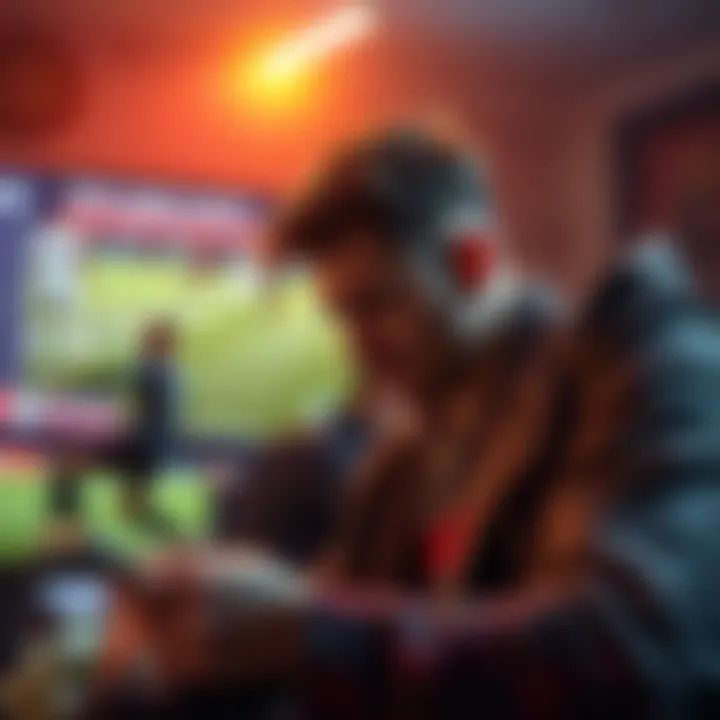 A soccer fan looking frustrated while checking his betting account after losing money, with soccer game highlights on the TV in the background.