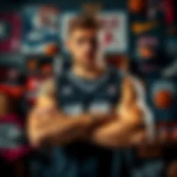 Basketball fan showing frustration with arms crossed, wearing a team jersey, surrounded by sports memorabilia