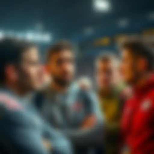 A group of fans talking after a match, looking puzzled about Dembele's changed statistics.